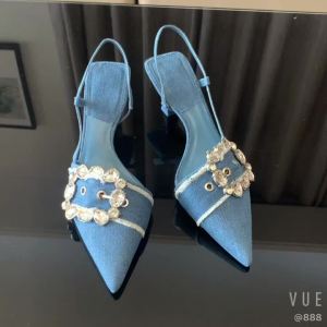 2025 Fashion Denim Blue Rhinestone Women Pumps Wedding Bride Shoes Elegant High Heels Slingback Pointed Toe Sandals Ladies Shoes