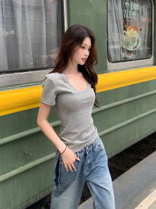 Áo Thun Nữ Tay Ngắn Cổ Chữ U Dáng Ôm Vừa Vặn Mùa Hè Mới Về E7Q8 Áo Thun Thường Ngày Bằng Vải Polyester Dài Vừa Phải