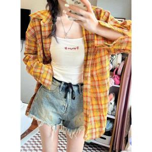 Áo Sơ Mi Kẻ Caro Màu Đỏ Rộng Rãi Phong Cách Pháp Cho Nữ Mùa Thu 2024 Áo Khoác Ngoài Chống Tia UV Dài Tay Cổ Polo