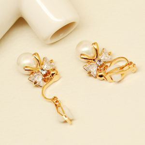 Korean Style Long Silver Needle Pearl Imitation Butterfly Knot Earrings for Women No Piercing Required Fashion Jewelry