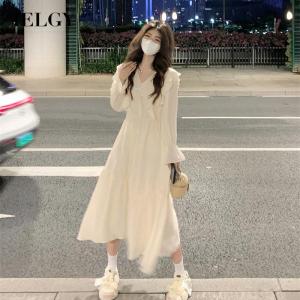 IELGY Đầm Nữ Nhún Bèo Dài Tay Cạp Cao Cao Cấp Pháp