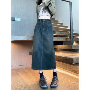 กระโปรงยีนส์ทรงเอเอวสูงทรงสลิมฟิตสำหรับผู้หญิง ฤดูร้อน 2024 กระโปรงสั้นผ่าข้างสไตล์เรโทรสำหรับใส่ไปทำงาน