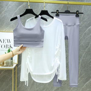 Womens Yoga Fitness Suit Set with Integrated Cup Pilates Training Anti-Curling Long Sleeve Leggings for Spring Summer