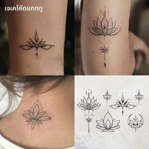 ลายสักเมเฮนดีกันน้ำแบบกึ่งถาวร ลายสักช่อมือสมุนไพรลายดอกบัวบราห์ม่า-ลายสักช่อมือชั่วคราวลายโทเท็มอินเดีย-ลายสักโยคะแบบเรียบง่ายสำหรับผู้หญิง ลายสักมือ นิ้ว คอ และแขน