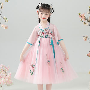Girls Summer Cheongsam Dress Princess Style Short Skirt Chinese Traditional Costume Floral Embroidery Soft Polyester Fabric