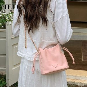 IELGY กระเป๋าลมผู้หญิงสายรูดสีชมพูแฟชั่นกระเป๋าโซ่เข้ากับทุกชุดแมสเซ็นเจอร์สะพายไหล่กระเป๋าทรงถัง