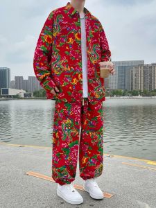 Northeast Big Flower Long Sleeve Mens Shirt Performance Costume Couple Set Two-Piece Style Autumn Polyester Fiber Casual Sportswear