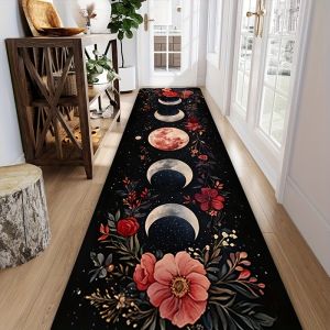 VIKAMA Boho Moon Phase Runner Rug Black Floral Long Hallway Carpet Pink Red Botanical Non Slip Washable Soft Mat Bedroom Decor