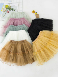 กระโปรงทรงเอผ้าตาข่ายสไตล์เจ้าหญิงสำหรับเด็กผู้หญิง กระโปรงสั้นทรงเอสีพื้นเอวสูง กระโปรงแฟชั่นฤดูร้อนสำหรับเด็กผู้หญิง