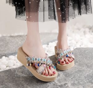 Cross Strap Thick Heel Sandals Womens Ethnic Style Summer Outdoor Fashion Flats Beach Slippers Trendy Rubber Sole Shoes