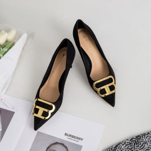 รองเท้าส้นสูงผิวหนังสีดำ กดด้านบนโลหะ ส้นบาง รองเท้าส้นเดี่ยวสีตัดกัน รองเท้าทำงาน รองเท้าส้นเดี่ยวแบบสวม สวมใส่สบาย