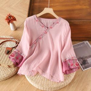 Summer Linen Cotton Blouse for Women Loose Fit V-Neck Cotton 100% Material Embroidered Womens Shirt