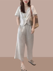 Shalldoer | Bộ đồ hai mảnh cổ chữ V tay ngắn mùa hè phong cách Pháp thường ngày quần dài eo thun giản dị cho nữ