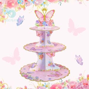3 Tier Pink Purple Butterfly Cake Stand Cupcake Stand for Girls Birthday Party Decorations Supplies