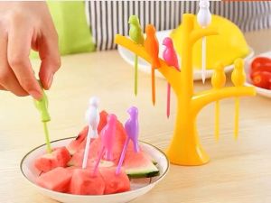 (BD6P) Set Garpu Buah Fork Dessert Sayuran Snack Dessert Bentuk Pohon + Burung Bahan Plastik