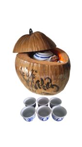 Bộ bình ủ trà trái dừa khắc chữ "Nhân" / Bình trà 04 - 09 lít / Giữ ấm 3 - 6 giờ / Sản phẩm sản xuất thủ công trứ danh xứ dừa Bến Tre