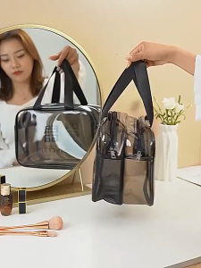 Large capacity travel cosmetic bag PVC transparent double partition dry wet separation waterproof wash bag