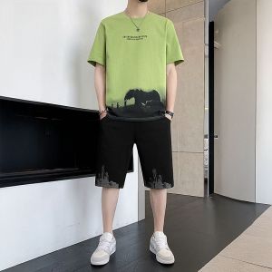 ROMON | Lomond Mens Pure Cotton Ice Silk Summer Thin Short Sleeve Basketball Suit Two-Piece Set Casual Sportswear Short Pants