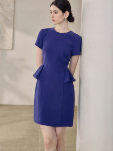 Roey s house | Elegant Commute Blue-purple Round Neck Short Sleeve Flared Hem Waist-cinching Pencil Dress