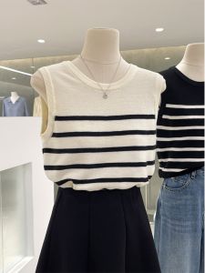 French Chic Stripes Ice Silk Knitted Vest Womens Summer Outwear Thin Crew Neck Casual Sleeveless T-shirt Top Summer