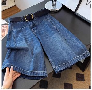 Casual High-Waist Straight-Leeg Denim Shorts Womens Summer New Pockets Design Wide Leg Five-Pointed Pants Fashion Elegant