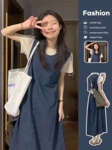 French Style Denim Halter Neck Sleeveless Dress Womens Summer New Two-Piece Set Elegant Backless Mini Dress Cotton Blend