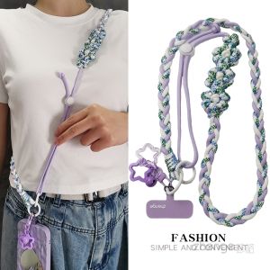สายรัดโทรศัพท์มือถือแบบยาวทำจากเส้นใยไนลอนที่ถักด้วยมือ พร้อมโบว์ตกแต่งดอกไม้ สายสะพายไหล่แบบปรับได้สำหรับทั้งชายและหญิง