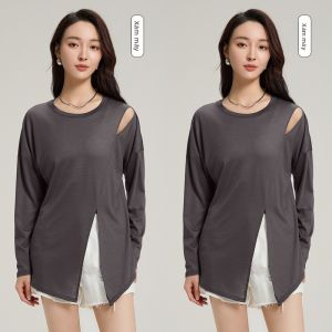 MiiOW | Áo thun nữ dáng rộng mùa hè 2025 Áo thun tay dài cổ tròn màu trơn có thiết kế hở eo và cảm giác mát mẻ