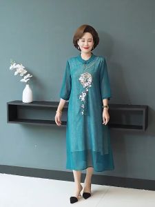 Áo dài cách tân trung niên nữ V69 váy đầm cao cấp sang trọng tặng mẹ mặc dự tiệc dạ hội cho người lớn tuổi U50 U60 U7