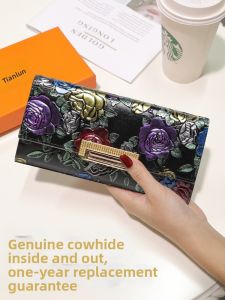 SIFULUN | New Womens Long Wallet Genuine Leather Embossed Cowhide Golden Ethnic Style Large Capacity