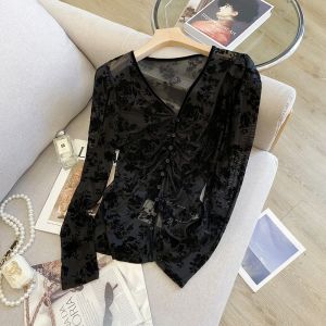 PAILAKOU | French Style Bubble Sleeve Mesh T-Shirt V Neck Long Sleeve Womens Base Shirt Slimming Fit Spring Autumn New Arrival