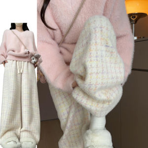 กางเกงขากว้างลายสก็อตผ้ากำมะหยี่หนาสำหรับผู้หญิง กางเกงขายาวทรงตรงเอวสูง ทรงหลวม สไตล์เกาหลี กางเกงขายาวทรงตรงสำหรับใส่ไปทำงาน