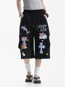 zuocisankon | Quần Short Jeans Đùi Rộng Thẳng American Vintage Thêu Hình Cartoon