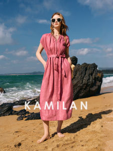 Kamilan Design Linen Short Sleeve Womens Dress Waist-Cinching A-Line Summer New Fashionable Dresses Street Style Pure Color
