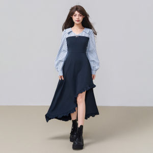 KEIKO | Elegant Checkered Colorblock Faux Two-Piece Irregular Long Dress