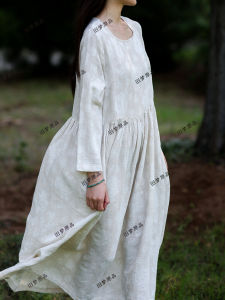 Original Design Cotton Linen Womens Dress Artistic Retro New Chinese Style National Pattern Weave Medium Length Dress