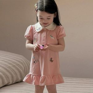 Embroidered Polo Collar Ruffle T-Shirt Dress