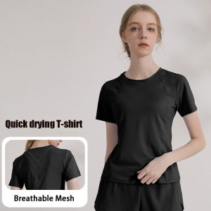 Luoke Sports Short Sleeve T-shirt for Womens Back hollowed out Thin Yoga Suit Slim Fit Running Mesh Panel Fitness Top Cool sensation