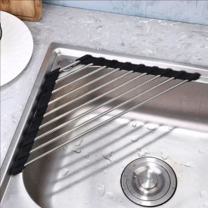 Roll Up Triangle Dish Drying Rack Kitchen Sink Organizer Corner Over the Sink Sponge Rag Holder Foldable Stainless Steel Drainer