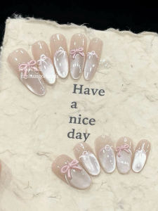 Princess Diary Handmade Butterfly Knot Cat Eye Water Light Nail Tips Ice Transparent Natural Color Gentle Nail Art Wearable Nails