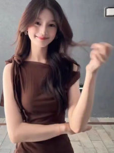 Elegant Coffee Short Sleeve T-Shirt Womens Summer Slimming Pure Desire Fashion Versatile Shoulder Tie Irregular Top