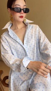 🔖Mirrorsister 50731.7 เสื้อเชิ้ตโอเวอร์ไซส์ผ้าคอตตอนพิมพ์ลายหัวใจเล็ก คอปกบอยเฟรนด์ แขนยาวปลายกว้าง ทรงหลวมกำลังดี