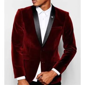 (Only Coat)Burgundy Velvet Mens Suit Blazer Prom Tuxedos Shawl Lapel Single Breasted One Button Jacket for Bussiness/Wedding