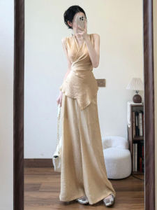 CHANGTONG | Fashionable V-neck Sleeveless Top And Casual Pants Two-piece Set Elegant Feelings Summer Collection Cotton Material