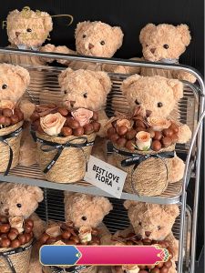 Fairy Kiss Flower Pot Bear Straw Flower Arrangement Rattan Basket Floral Grass Basket Bouquet DIY Material French Basket