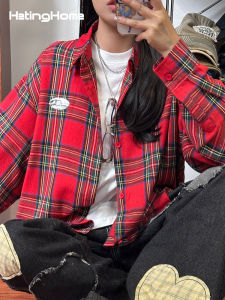 HetingHOME | Hetinghome Red Plaid Loose Mens Shirt Vintage Autumn Trendy Couples Fashion Polyester Cotton Blend Long Sleeve Youth Pop