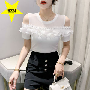 HZM New Ruffle Lace Pleated Top 2023 Summer Western Design Short Sleeve Off Shoulder Womens T-shirt Slim Fit and Versatile Black T-shirt