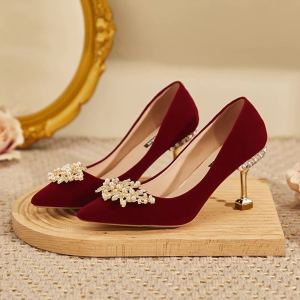 Red Velvet Chinese Style Wedding Shoes Womens New Fashion High Heels Dress Shoes Two-Way Wear Formal Evening Party Sandals