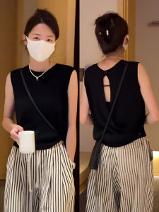 Black Ice Silk Hollow out Backless Sleeveless Knitted Vest Womens Loose Casual Stylish Top Summer New Arrival Sweet Style