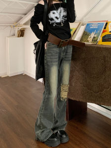 Retro Washed Faded Bell Bottom Jeans Loose Fit High Waist Slimming American Style Cotton Denim Summer Long Pants Zipper Closure